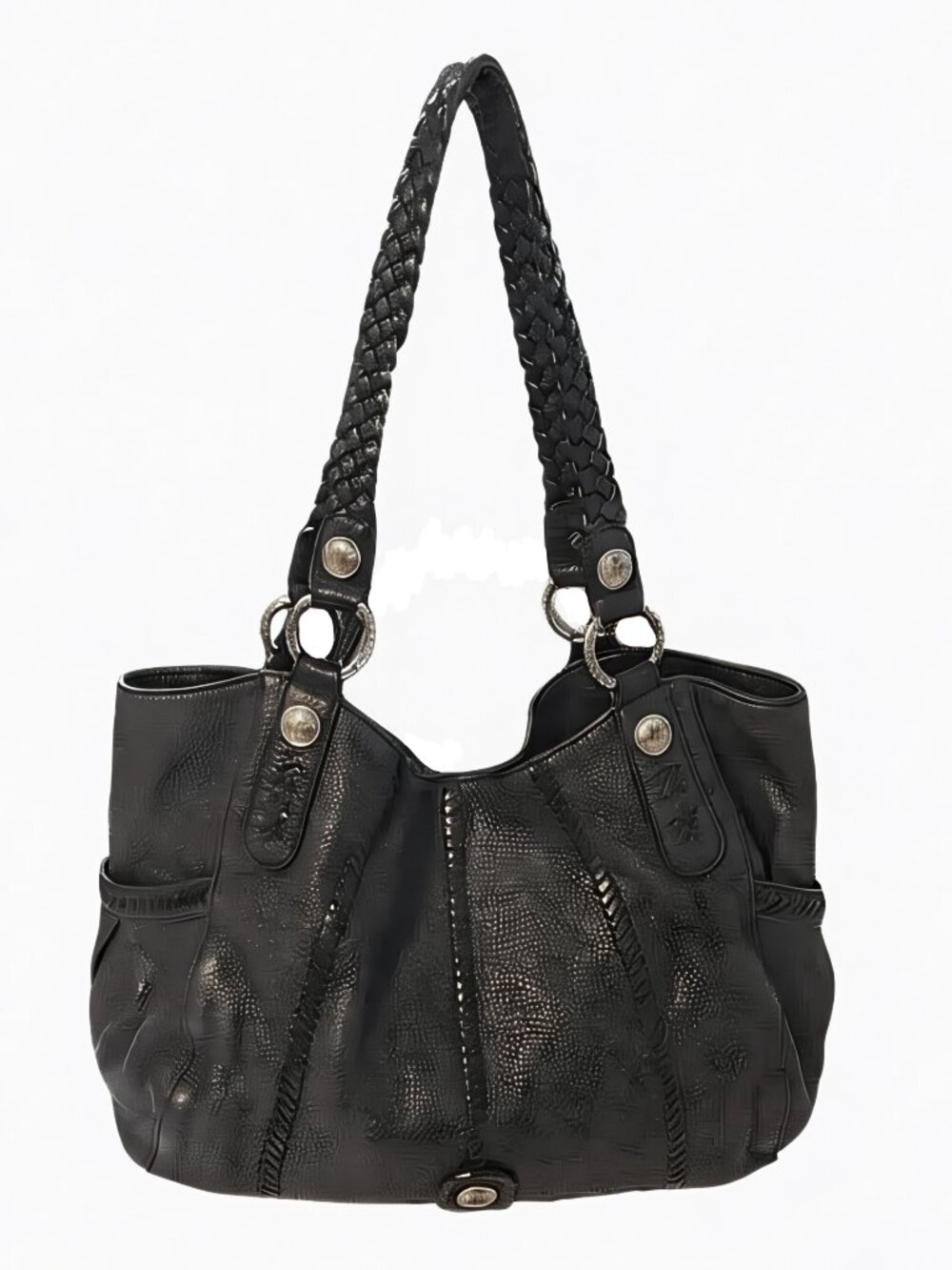 Brighton Black Leather Braided Strap Shoulder Bag Tote 16"